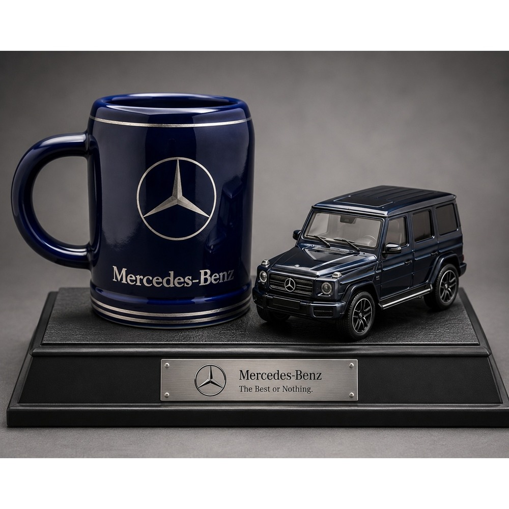 Vintage Mercedes-Benz Cobalt Blue Ceramic Beer Stein Mug USA Made Silver Logo